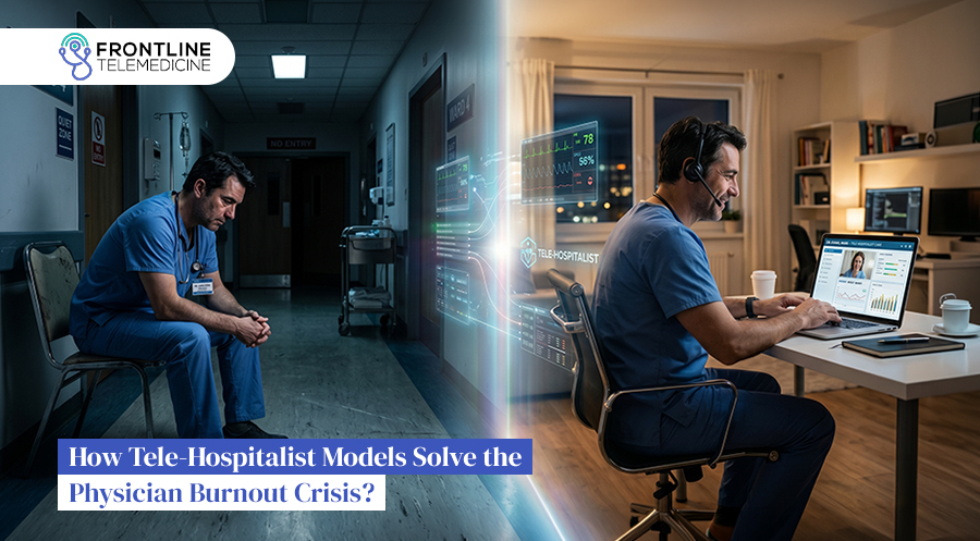 Image illustrating strategies to address physician burnout using tele-hospital models and innovative solutions.